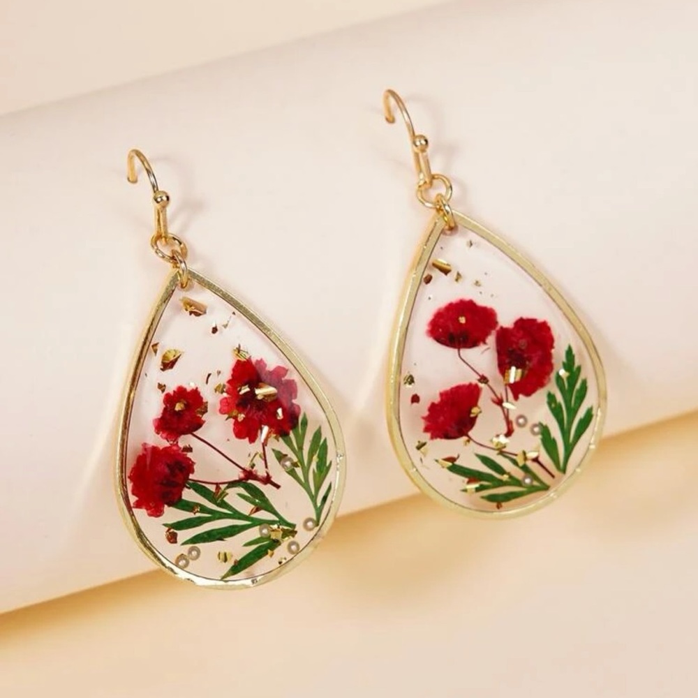 dried flower water drop earrings